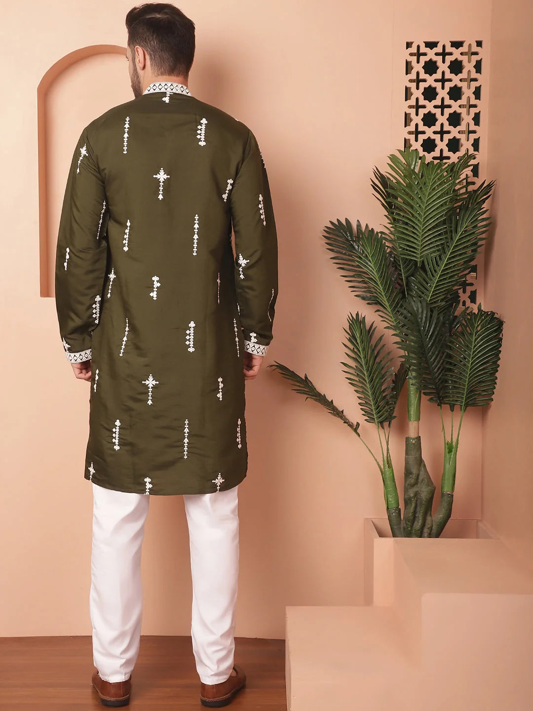 Olive Cotton Silk Mens Kurta Pajama Set | Embroidered Design