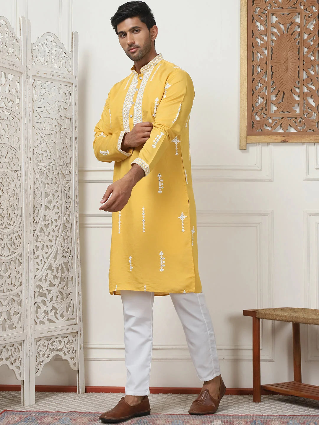 Yellow Chikankari Embroidered Cotton Silk Mens Kurta Pajama Set