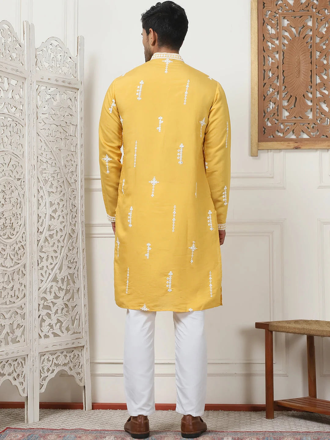 Yellow Chikankari Embroidered Cotton Silk Mens Kurta Pajama Set