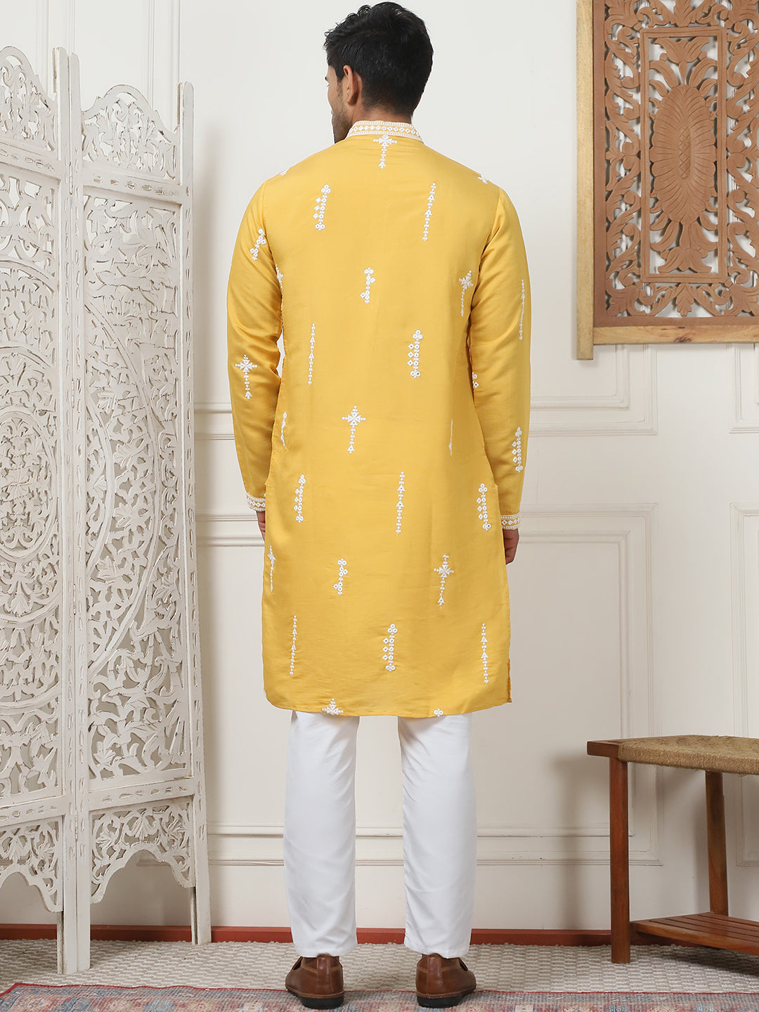 Yellow Chikankari Embroidered Cotton Silk Mens Kurta Pajama Set