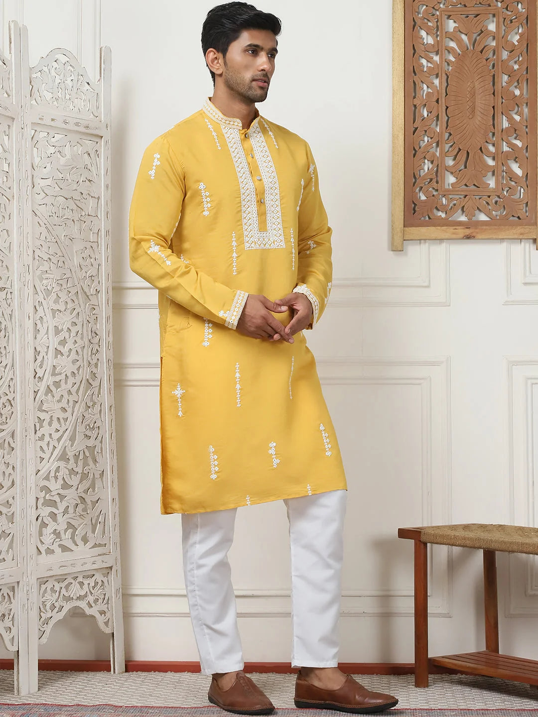 Yellow Chikankari Embroidered Cotton Silk Mens Kurta Pajama Set