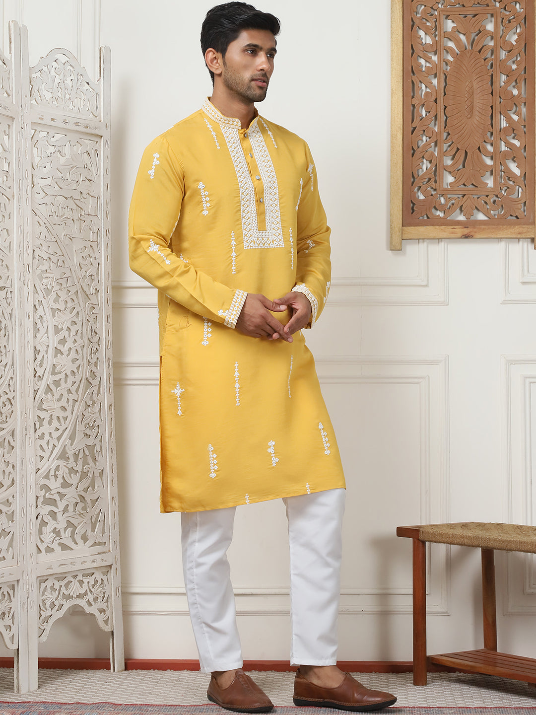 Yellow Chikankari Embroidered Cotton Silk Mens Kurta Pajama Set