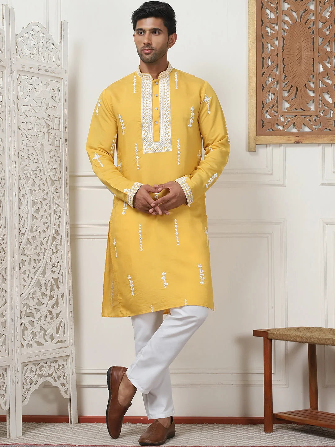 Yellow Chikankari Embroidered Cotton Silk Mens Kurta Pajama Set