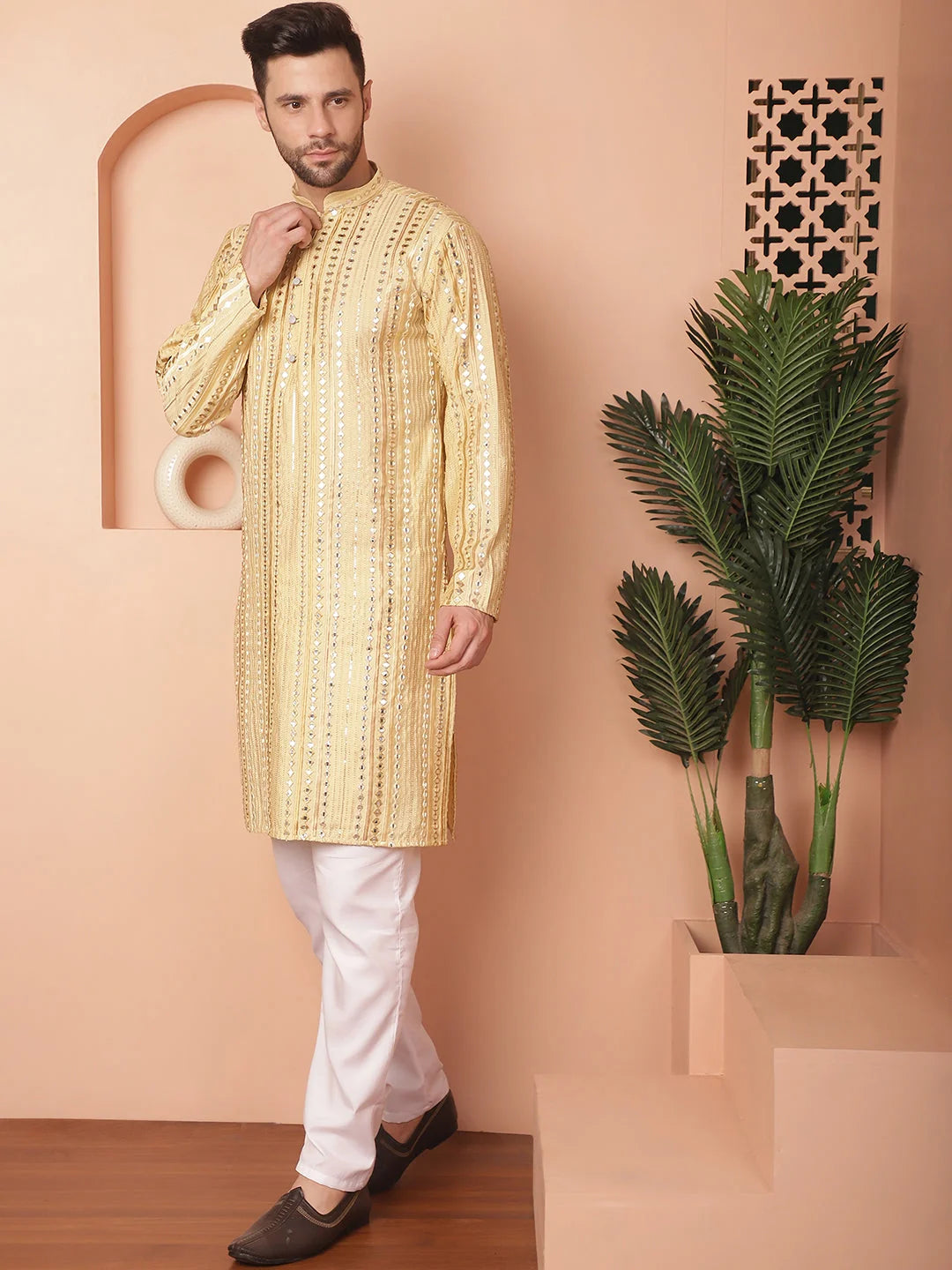 Golden Mirror Work Mens Kurta Pajama Set - Cotton Silk Pathani