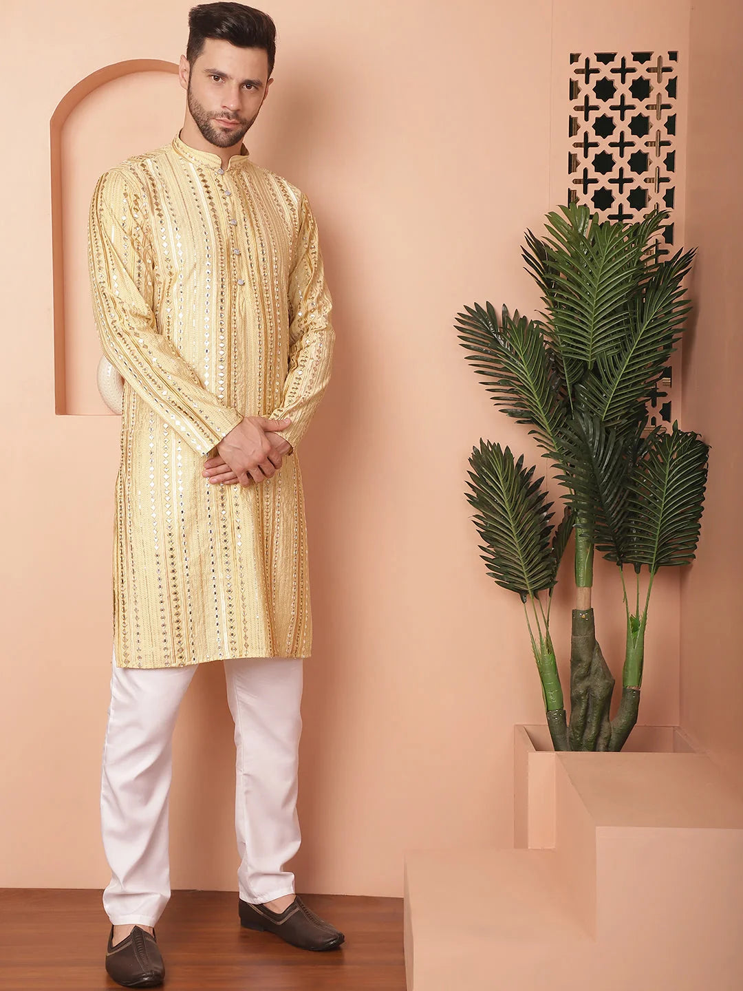 Golden Mirror Work Mens Kurta Pajama Set - Cotton Silk Pathani