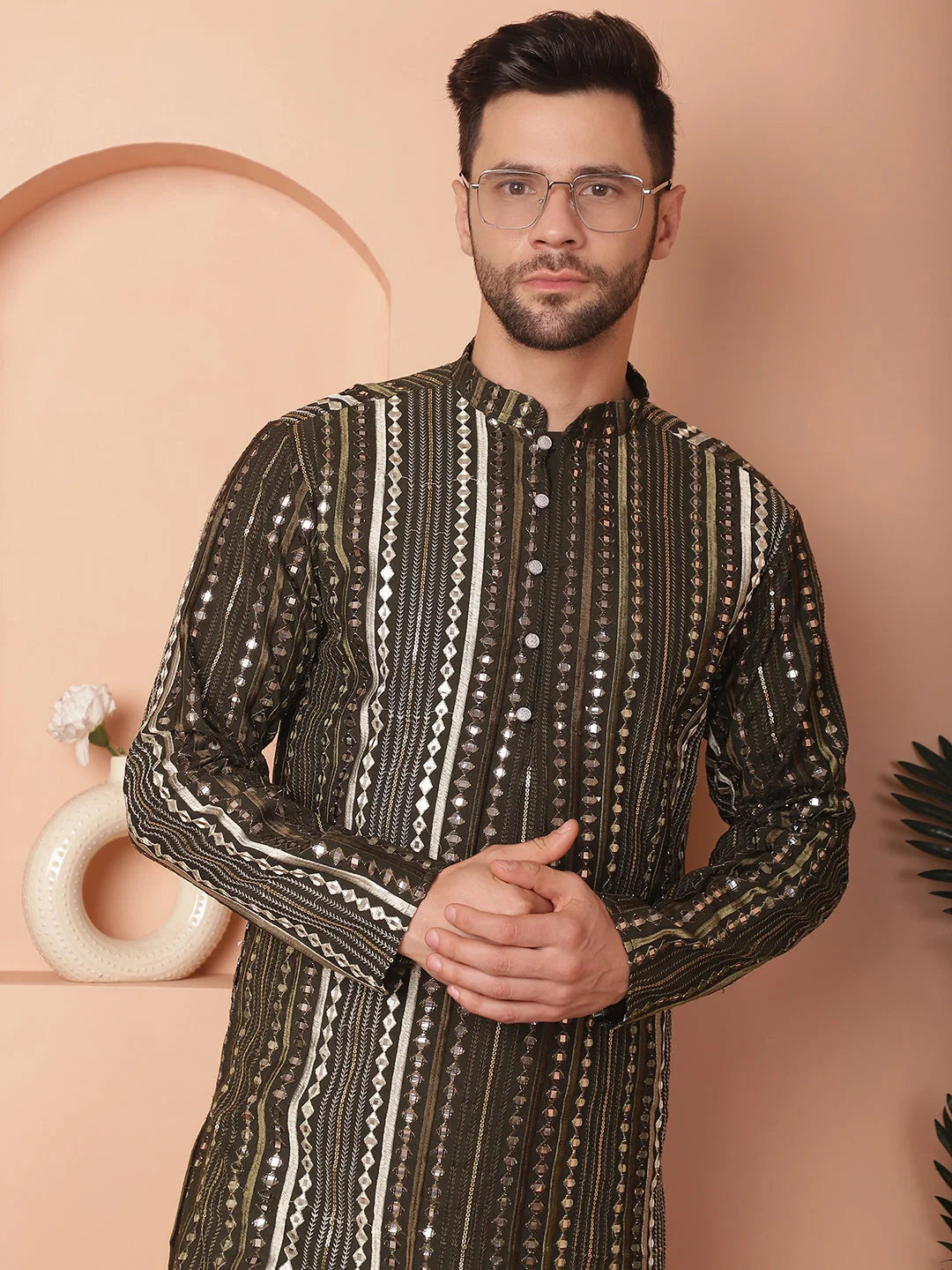 Mehndi Mirror Work Mens Kurta Pajama Set - Cotton Silk Pathani