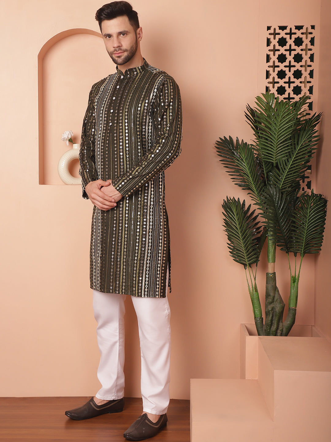 Mehndi Mirror Work Mens Kurta Pajama Set - Cotton Silk Pathani