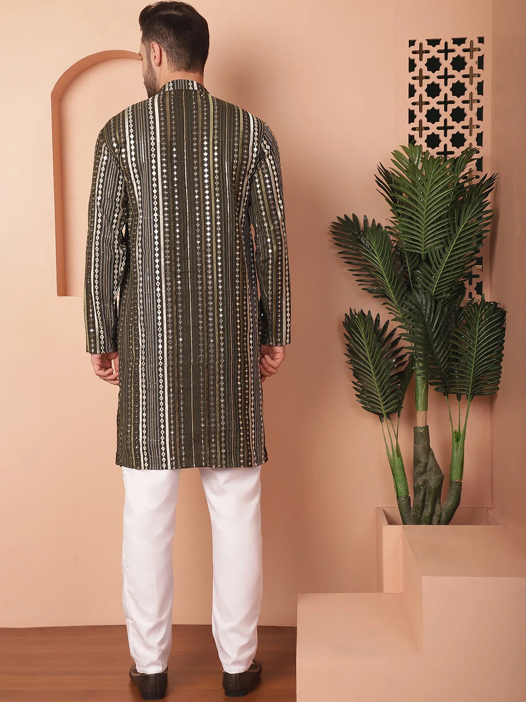 Mehndi Mirror Work Mens Kurta Pajama Set - Cotton Silk Pathani