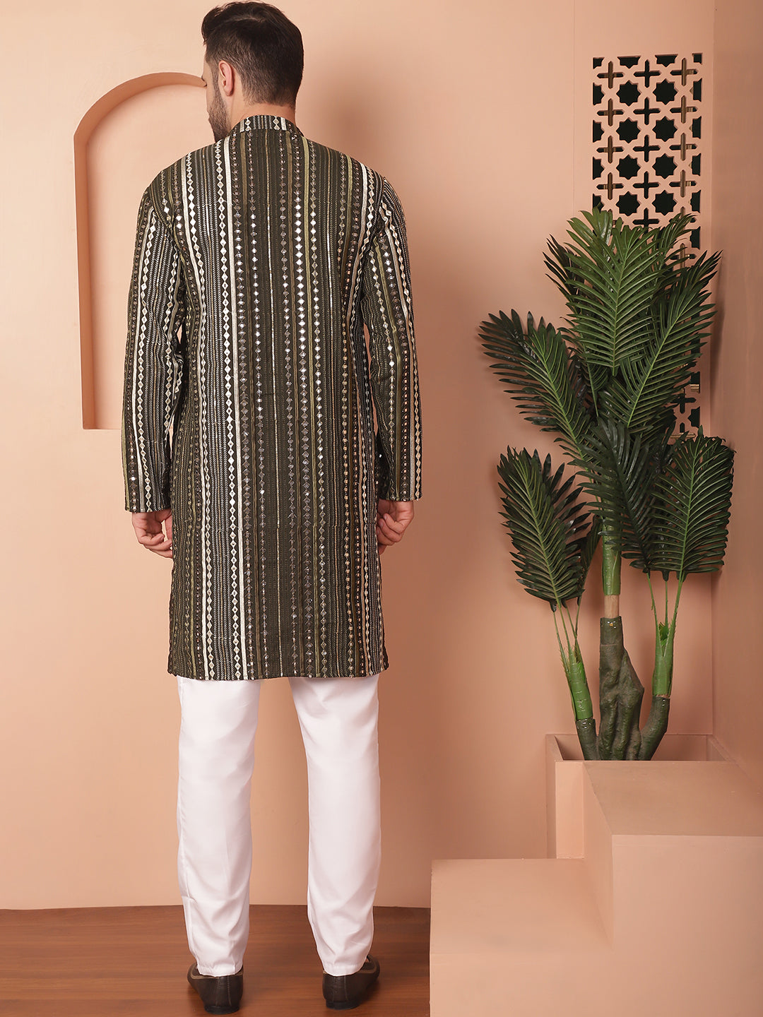 Mehndi Mirror Work Mens Kurta Pajama Set - Cotton Silk Pathani