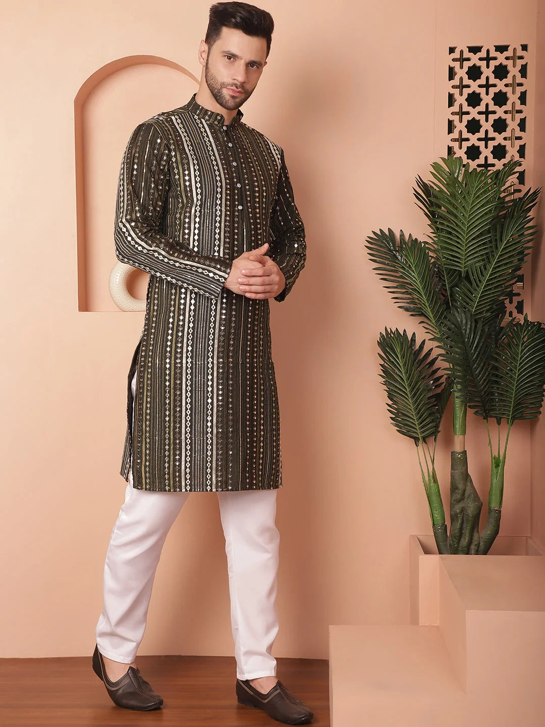 Mehndi Mirror Work Mens Kurta Pajama Set - Cotton Silk Pathani