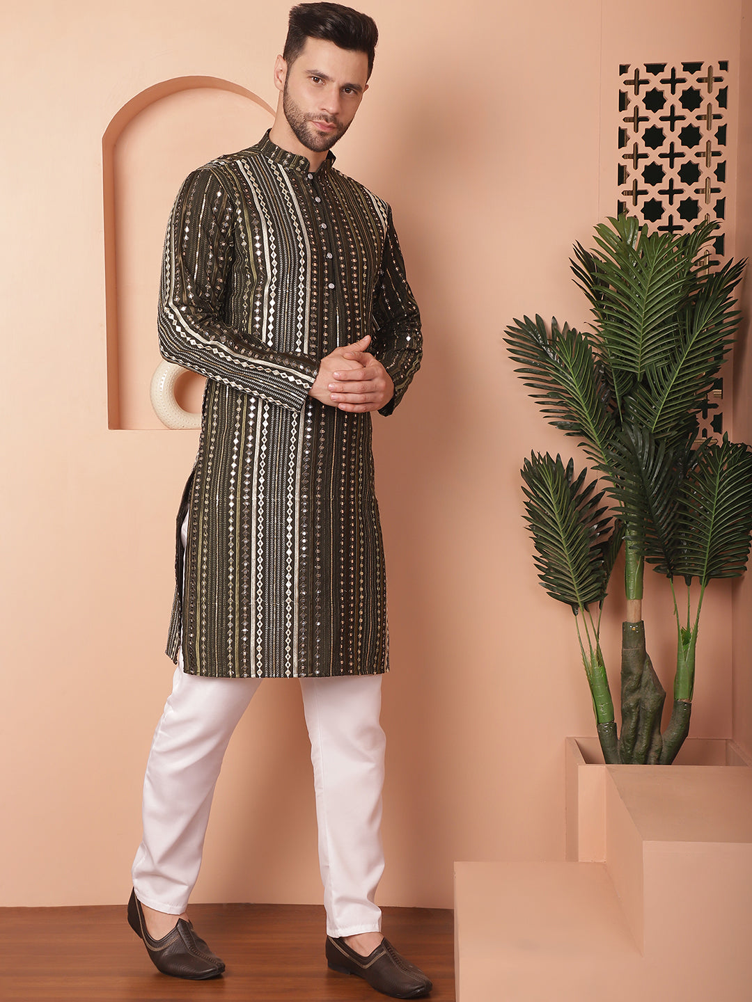 Mehndi Mirror Work Mens Kurta Pajama Set - Cotton Silk Pathani