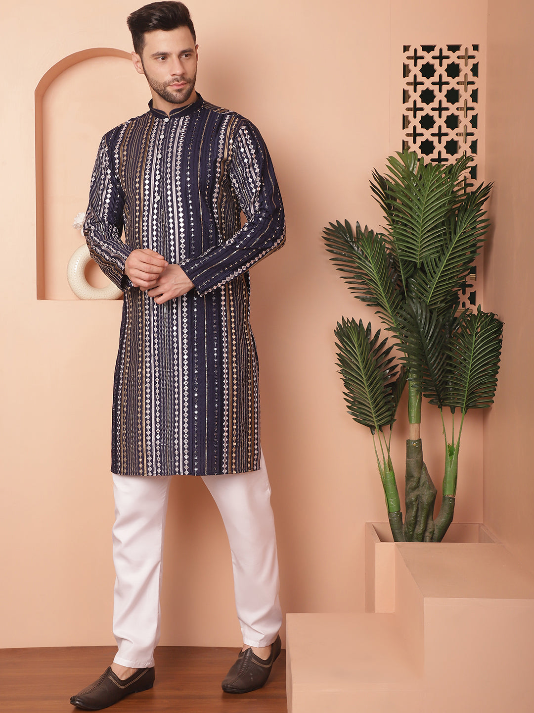 Navy Mirror Work Mens Kurta Pajama Set - Cotton Silk Pathani