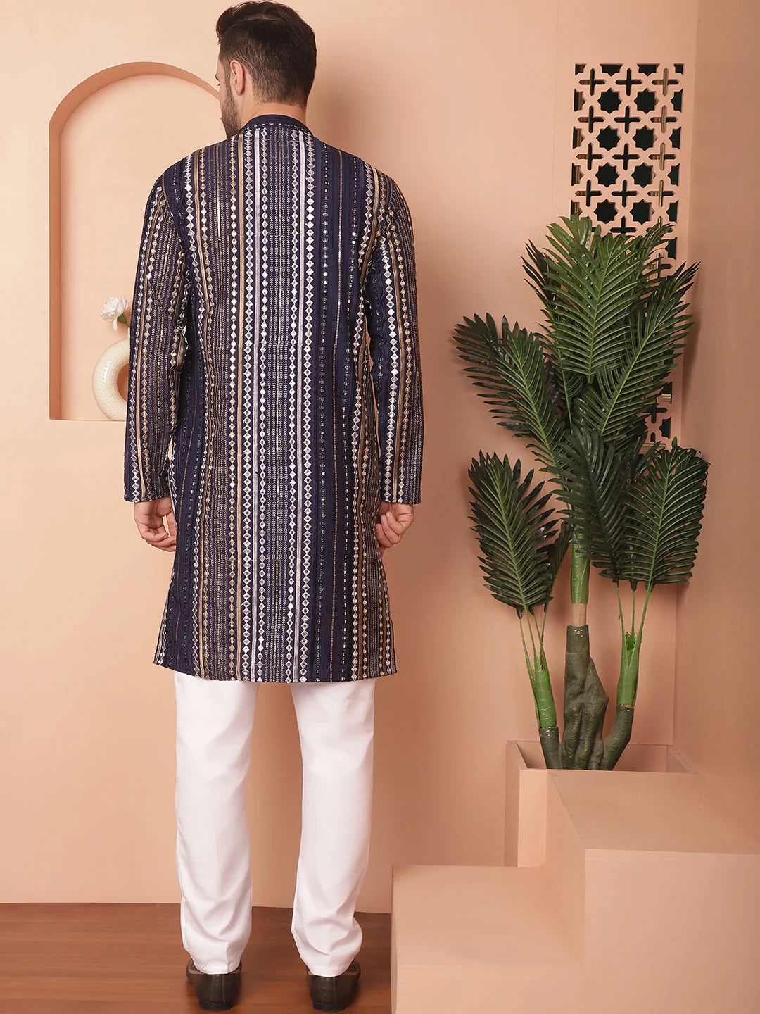 Navy Mirror Work Mens Kurta Pajama Set - Cotton Silk Pathani