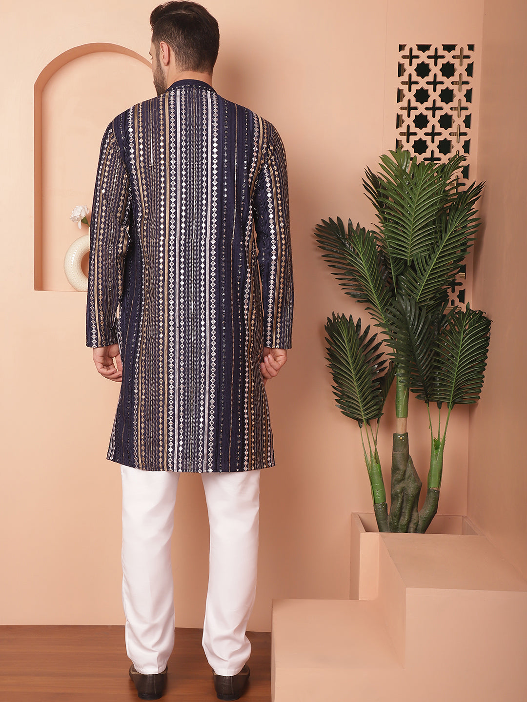 Navy Mirror Work Mens Kurta Pajama Set - Cotton Silk Pathani