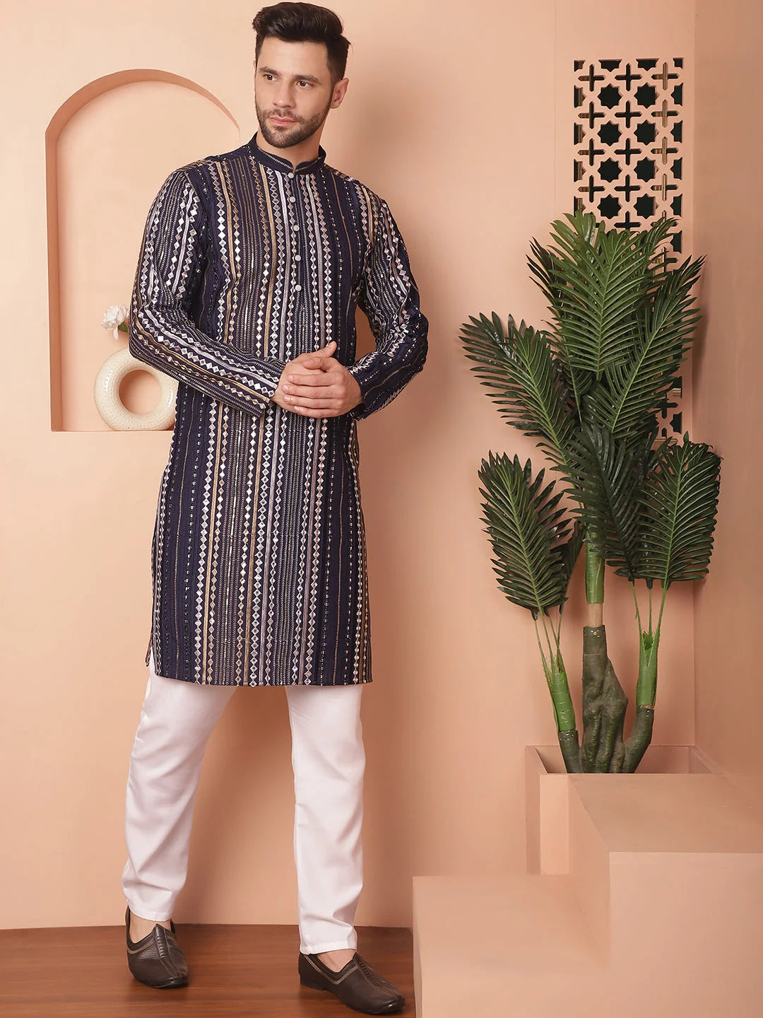 Navy Mirror Work Mens Kurta Pajama Set - Cotton Silk Pathani