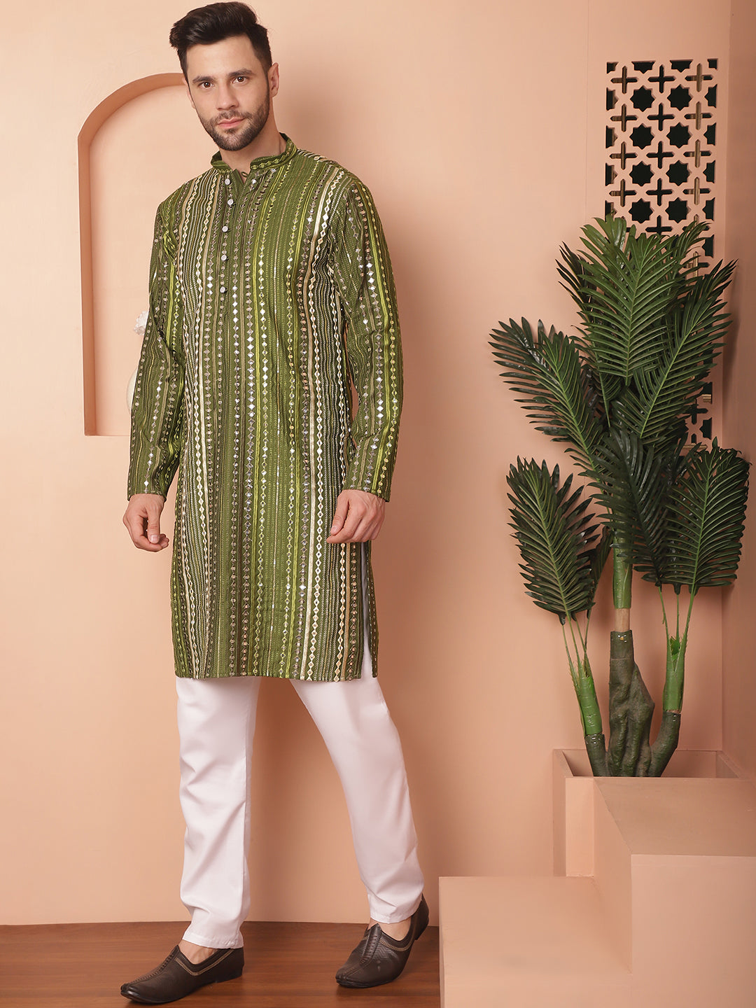 Olive Mirror Work Mens Kurta Pajama Set - Cotton Silk Pathani