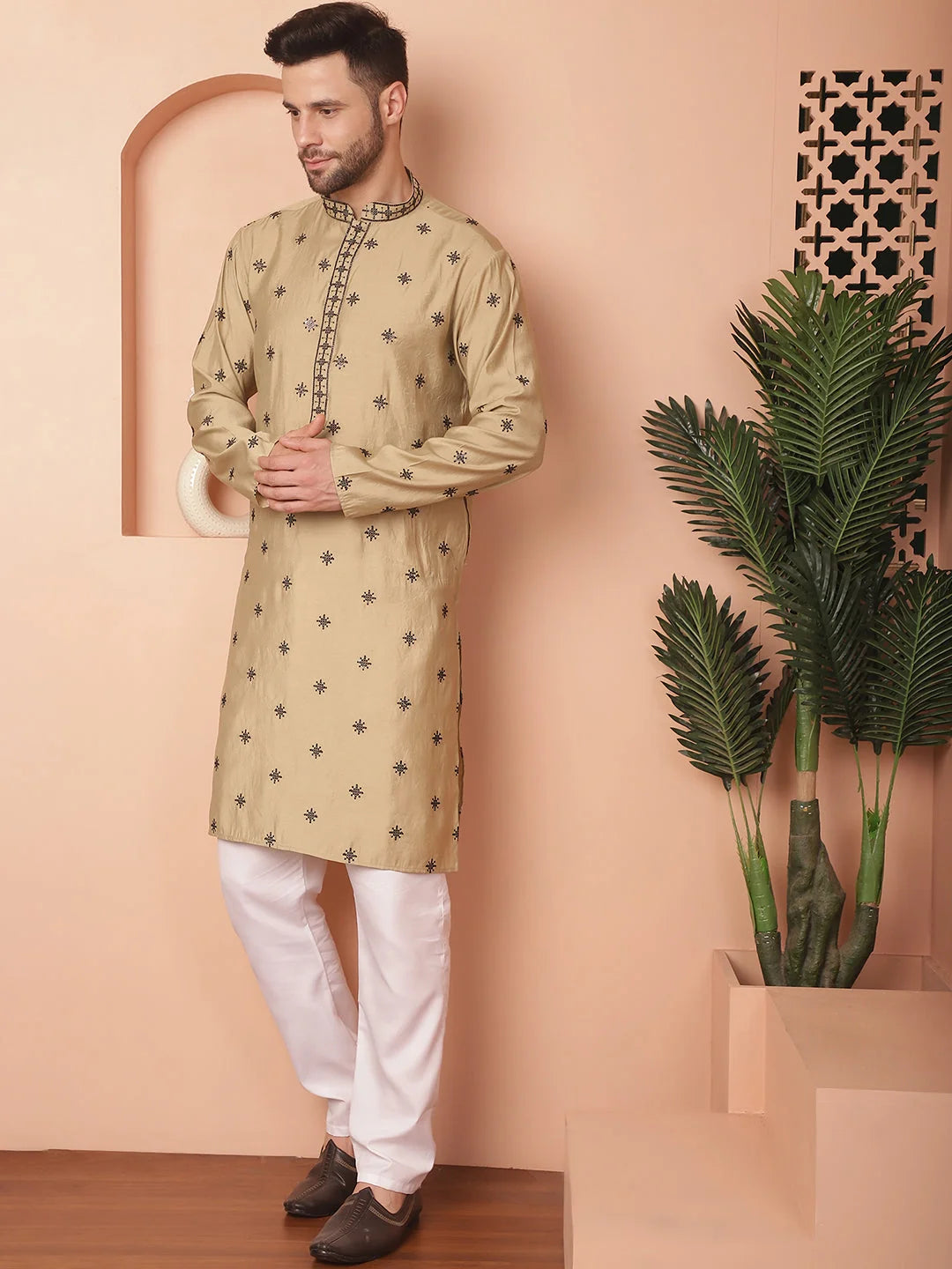 Beige Embroidered Mens Kurta Pajama Set - Chikankari Cotton Silk