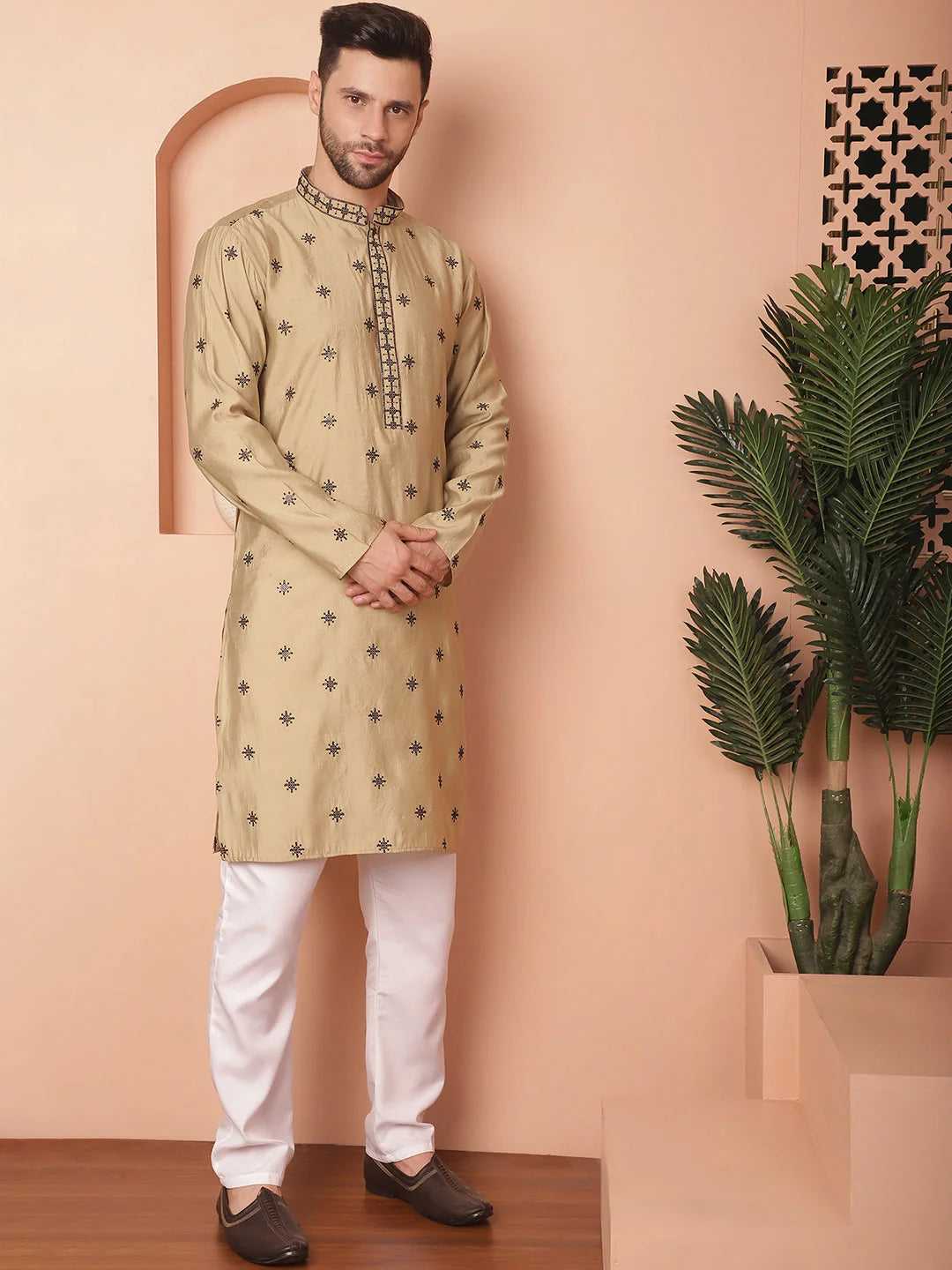 Beige Embroidered Mens Kurta Pajama Set - Chikankari Cotton Silk