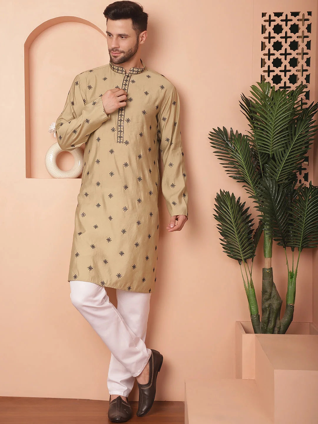 Beige Embroidered Mens Kurta Pajama Set - Chikankari Cotton Silk