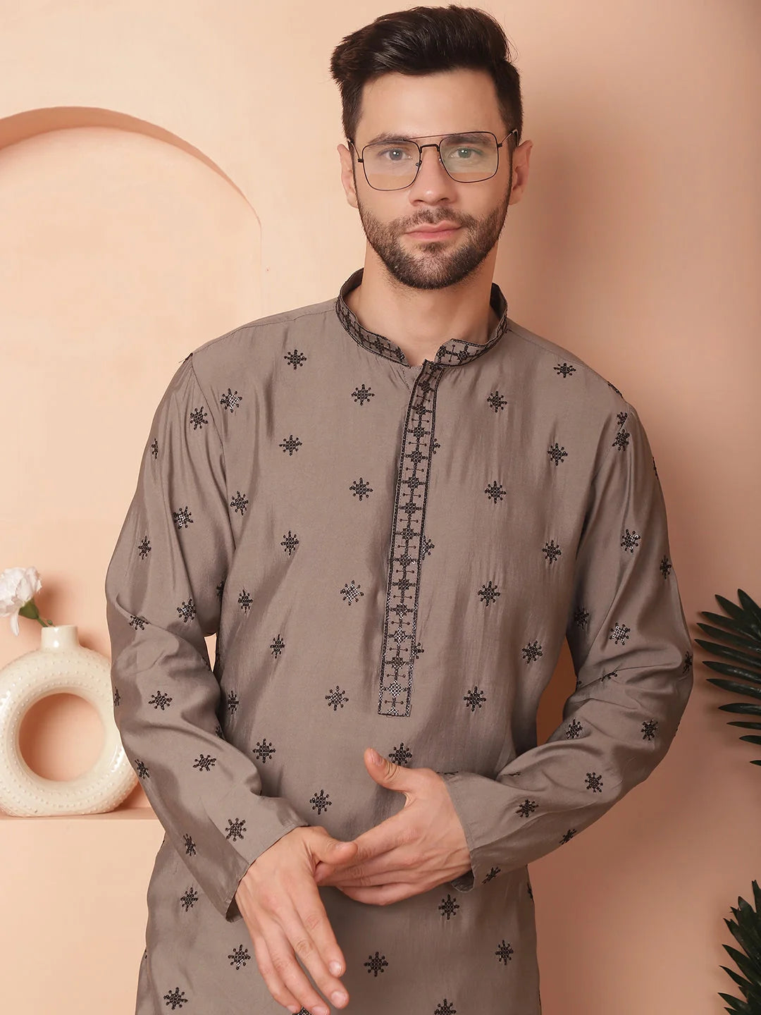 Grey Embroidered Mens Kurta Pajama Set | Cotton Pathani Kurta