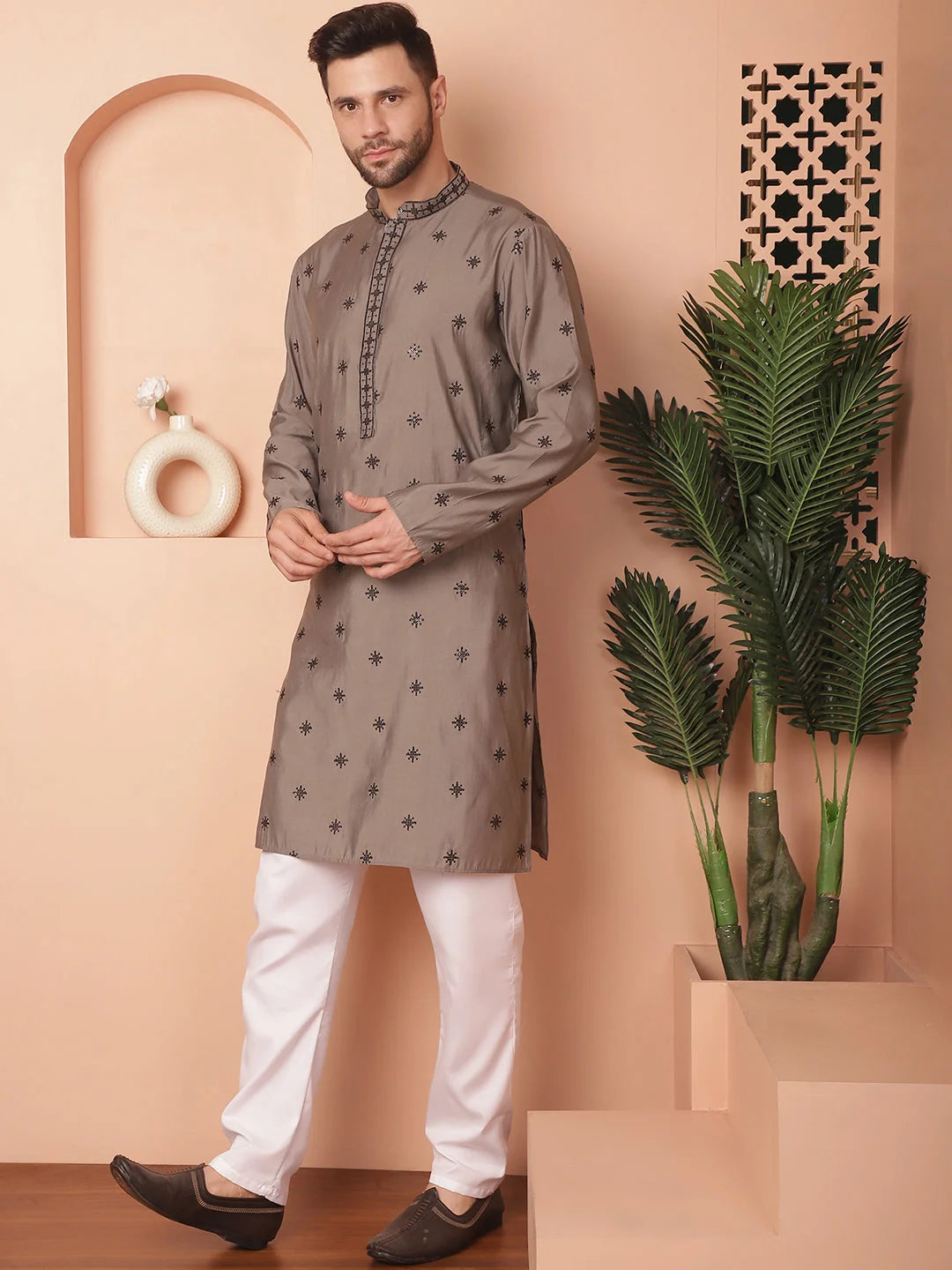 Grey Embroidered Mens Kurta Pajama Set | Cotton Pathani Kurta
