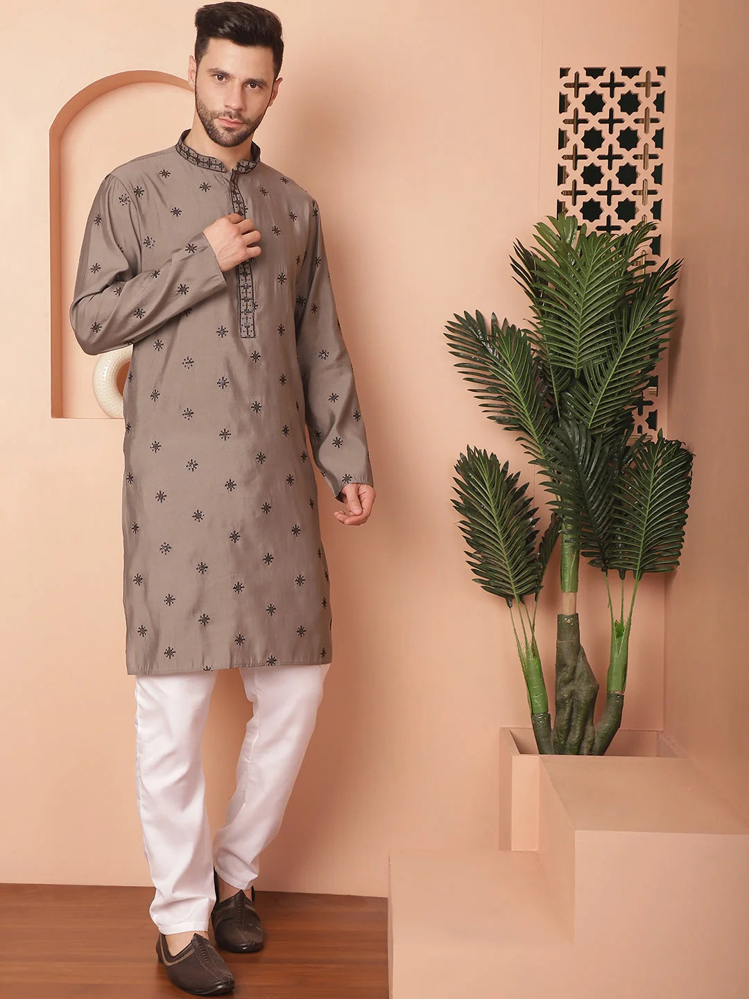 Grey Embroidered Mens Kurta Pajama Set | Cotton Pathani Kurta