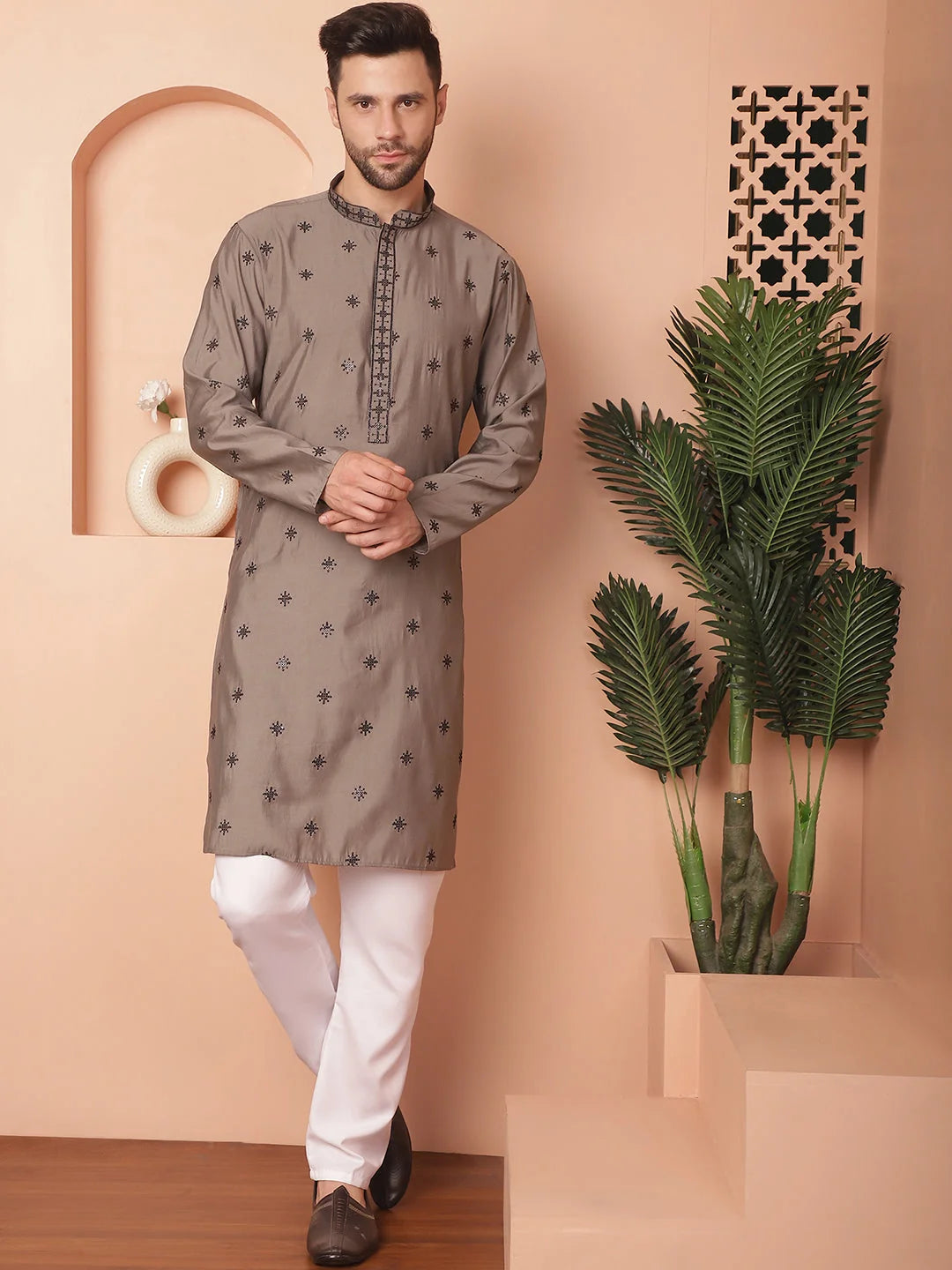 Grey Embroidered Mens Kurta Pajama Set | Cotton Pathani Kurta
