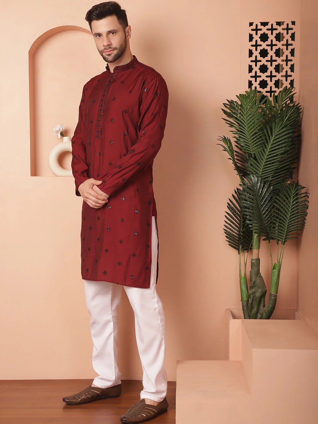 Maroon Embroidered Kurta Pajama Set - Mens Kurta Pajama Cotton