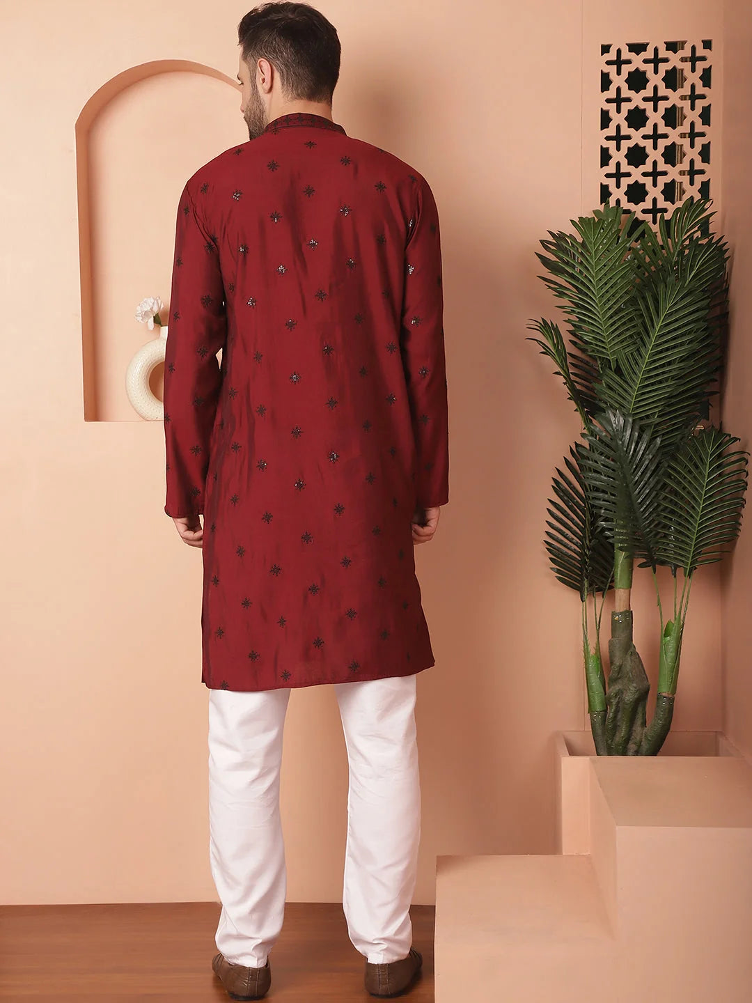 Maroon Embroidered Kurta Pajama Set - Mens Kurta Pajama Cotton