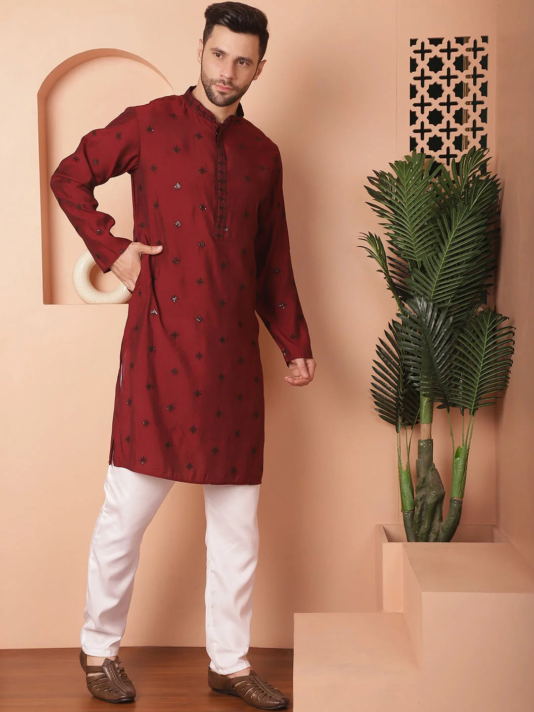 Maroon Embroidered Kurta Pajama Set - Mens Kurta Pajama Cotton