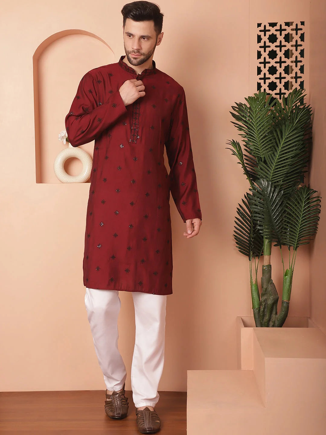 Maroon Embroidered Kurta Pajama Set - Mens Kurta Pajama Cotton