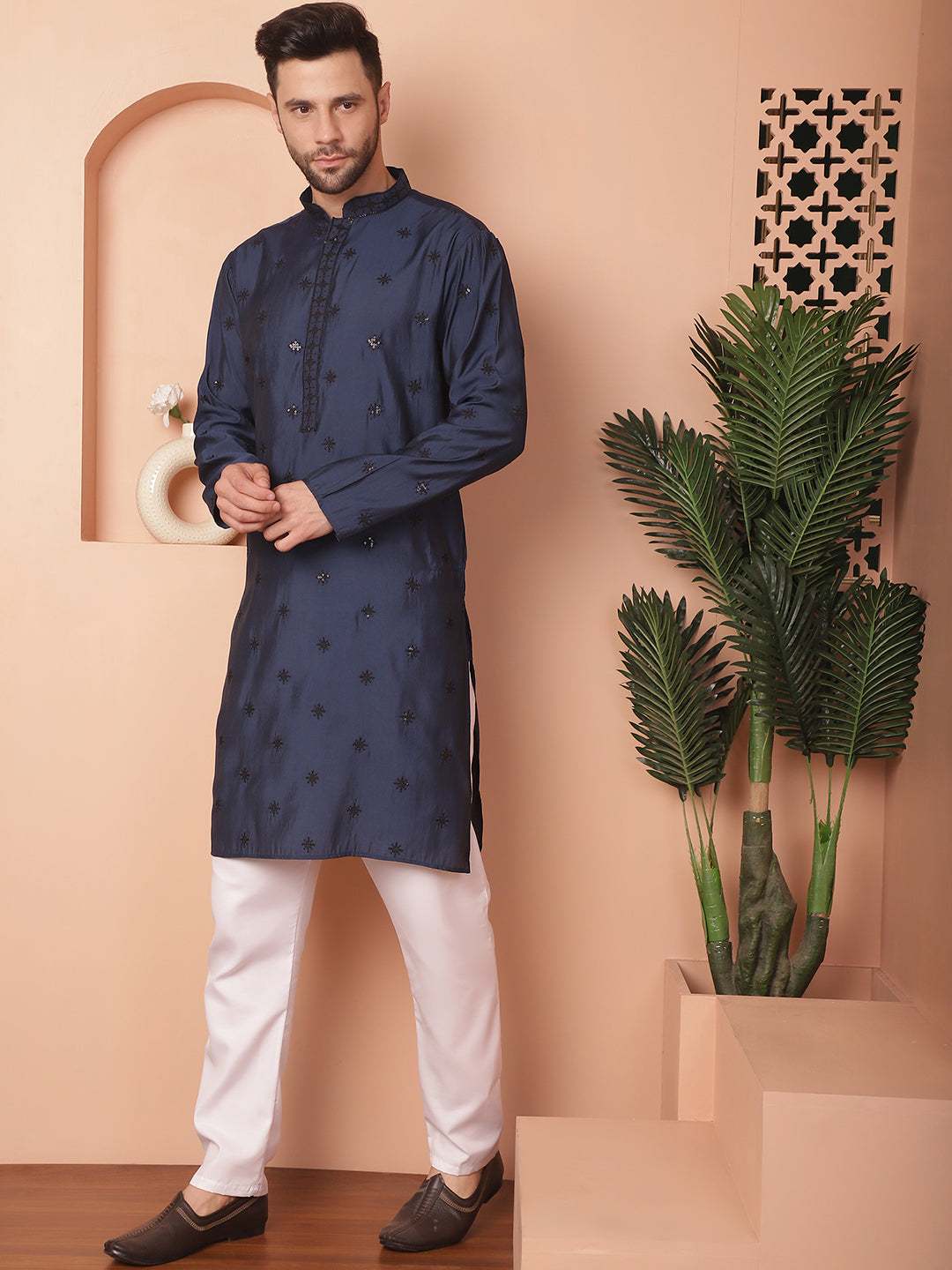Navy Embroidered Mens Kurta Pajama Set | Chikankari Kurta