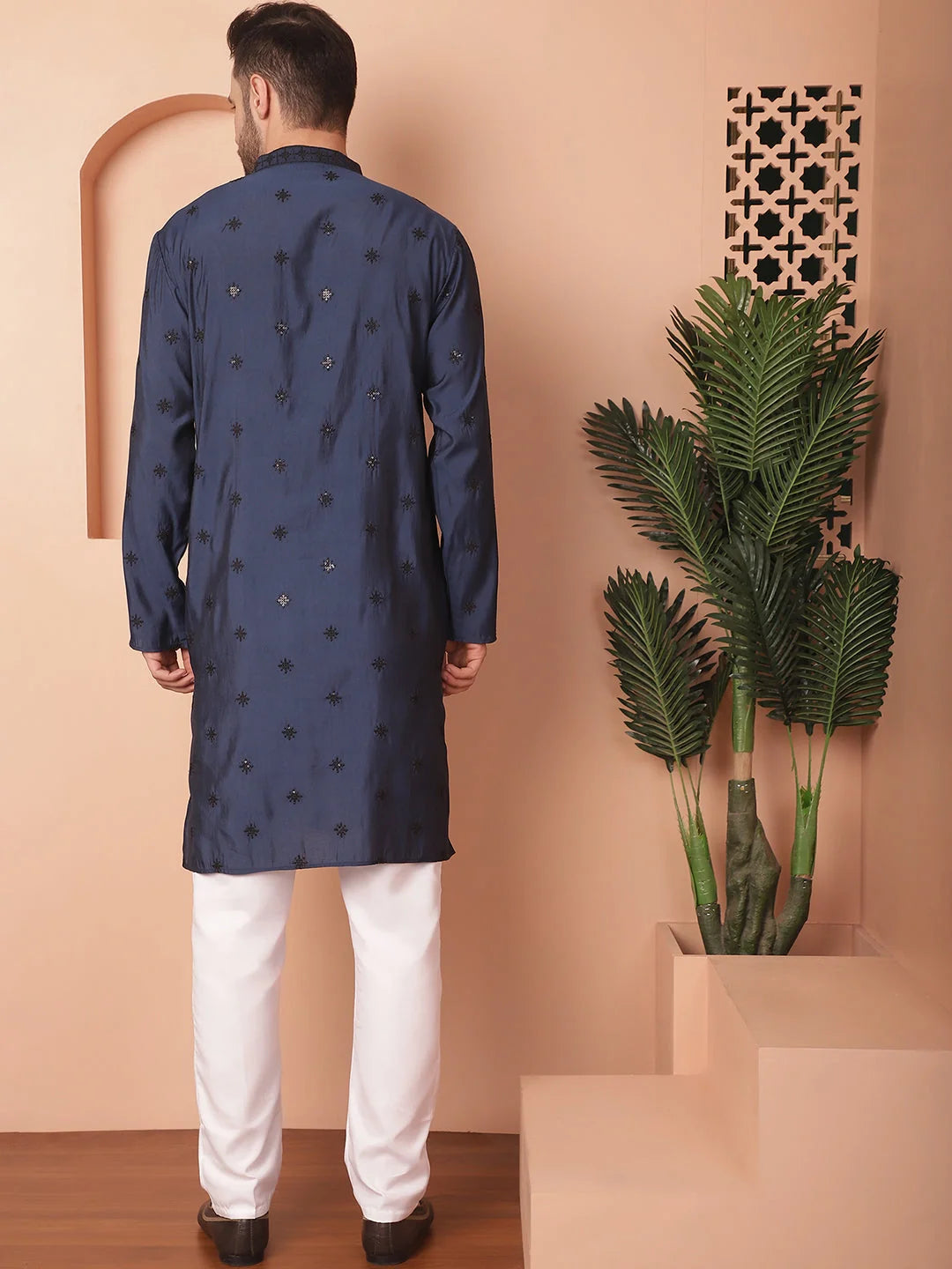 Navy Embroidered Mens Kurta Pajama Set | Chikankari Kurta