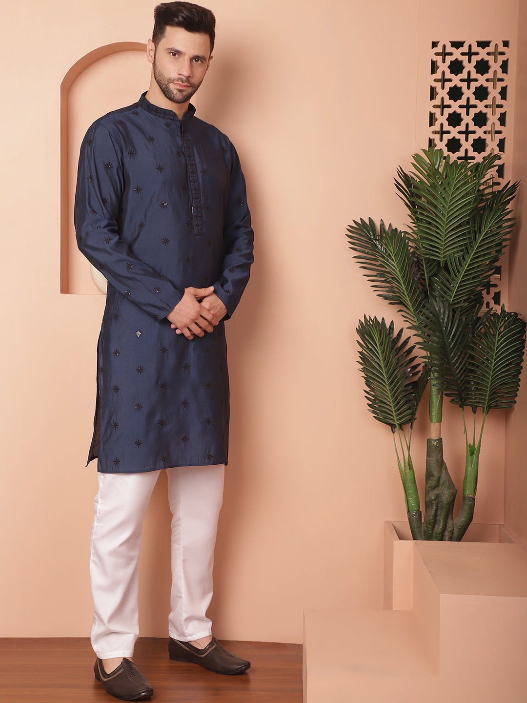 Navy Embroidered Mens Kurta Pajama Set | Chikankari Kurta