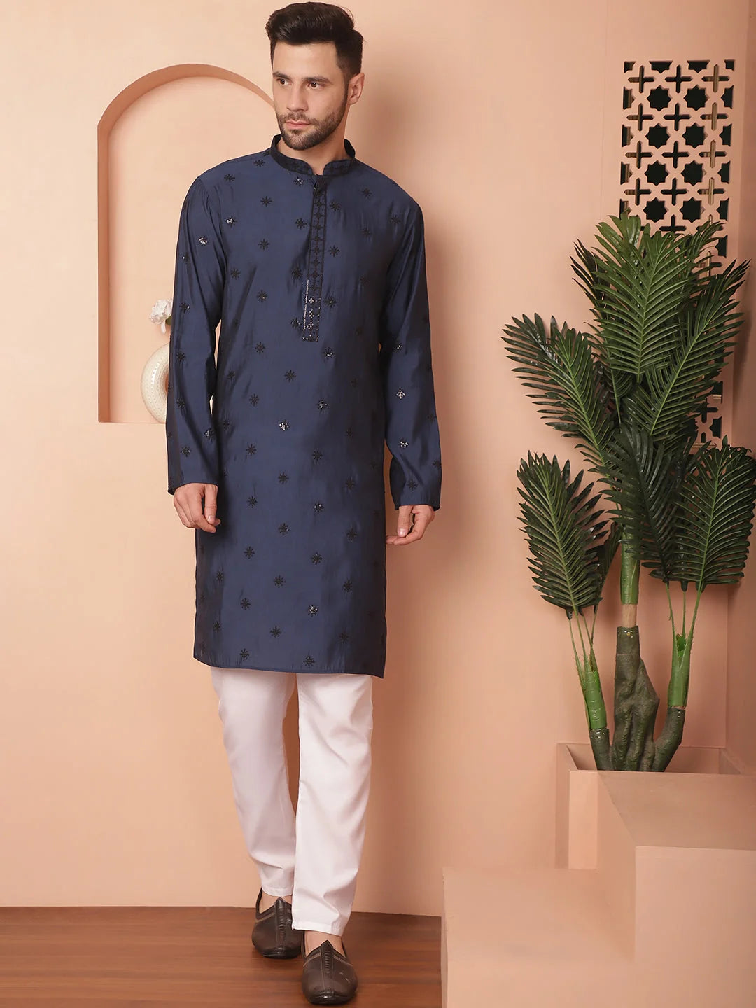 Navy Embroidered Mens Kurta Pajama Set | Chikankari Kurta