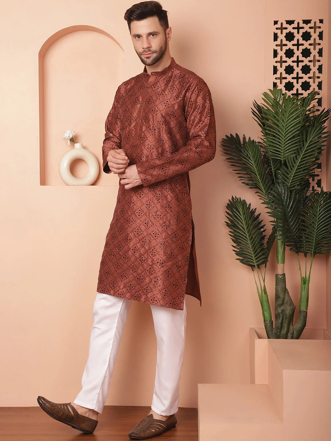 Brown Embroidered Mens Kurta Pajama Set | Cotton Kurta Pajama