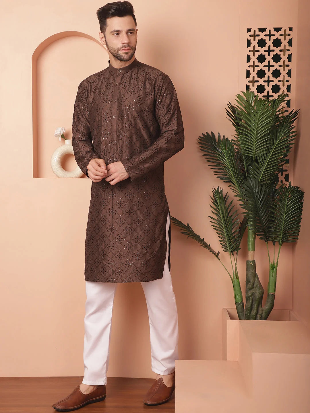Coffee Chikankari Kurta Pajama Set - Mens Kurta Pajama