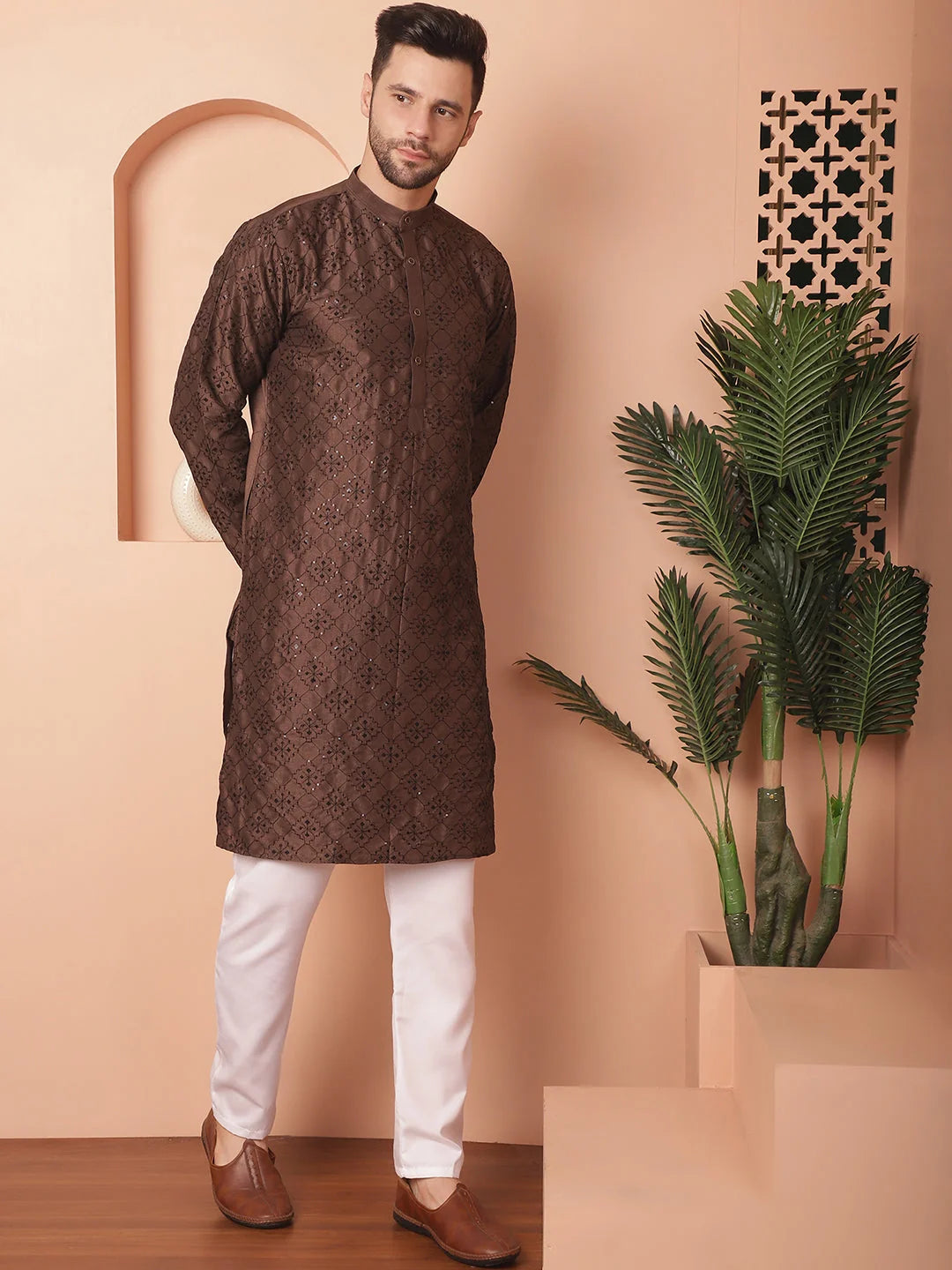 Coffee Chikankari Kurta Pajama Set - Mens Kurta Pajama