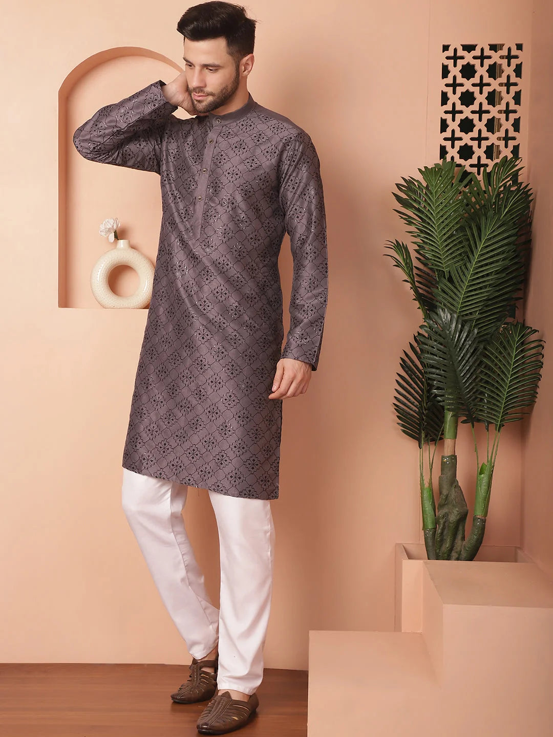 Grey Chikankari Sequence Solid Mens Kurta Pajama Set