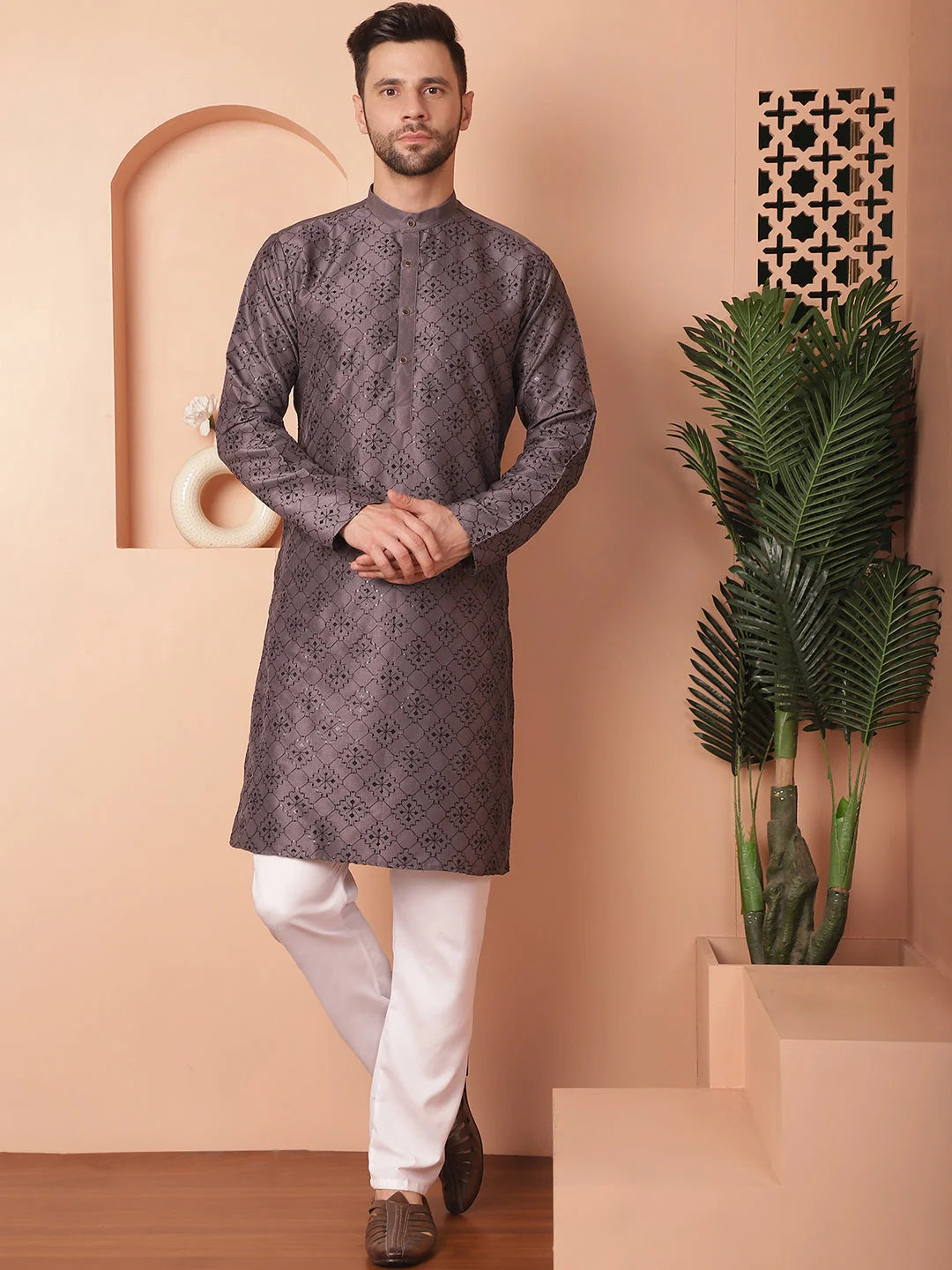 Grey Chikankari Sequence Solid Mens Kurta Pajama Set