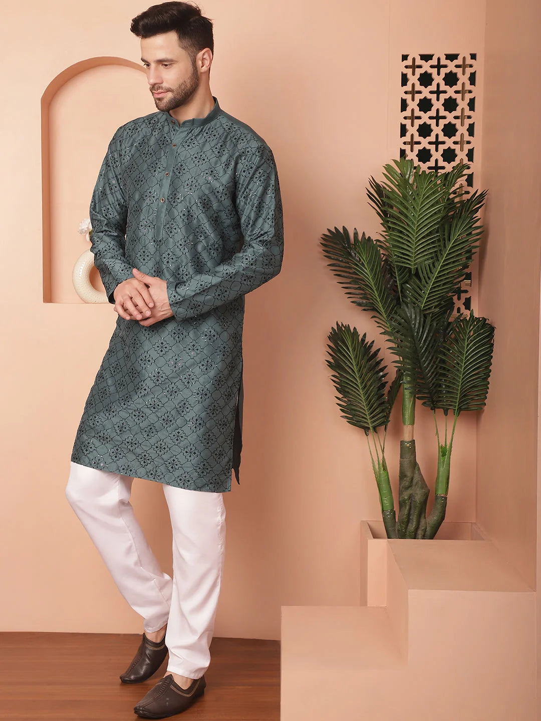 Teal Chikankari Sequence Mens Kurta with Pyjama Set