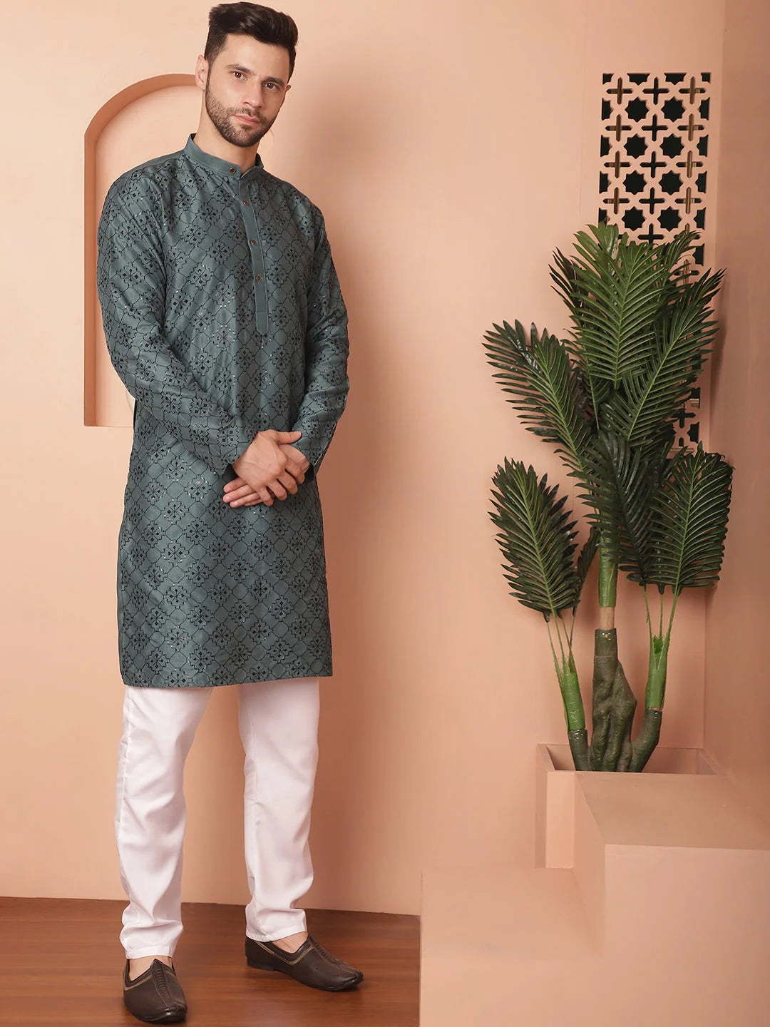 Teal Chikankari Sequence Mens Kurta with Pyjama Set