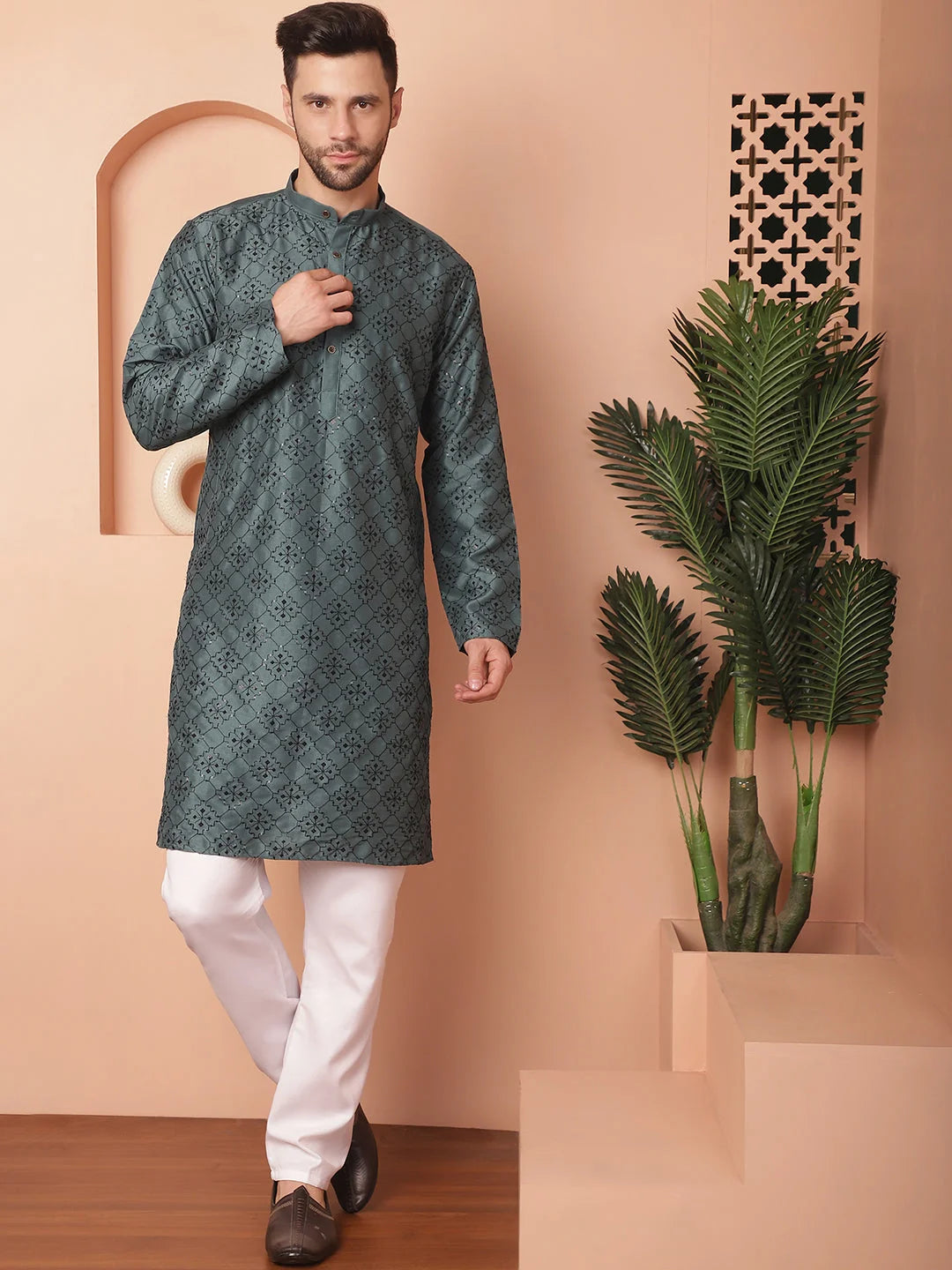 Teal Chikankari Sequence Mens Kurta with Pyjama Set