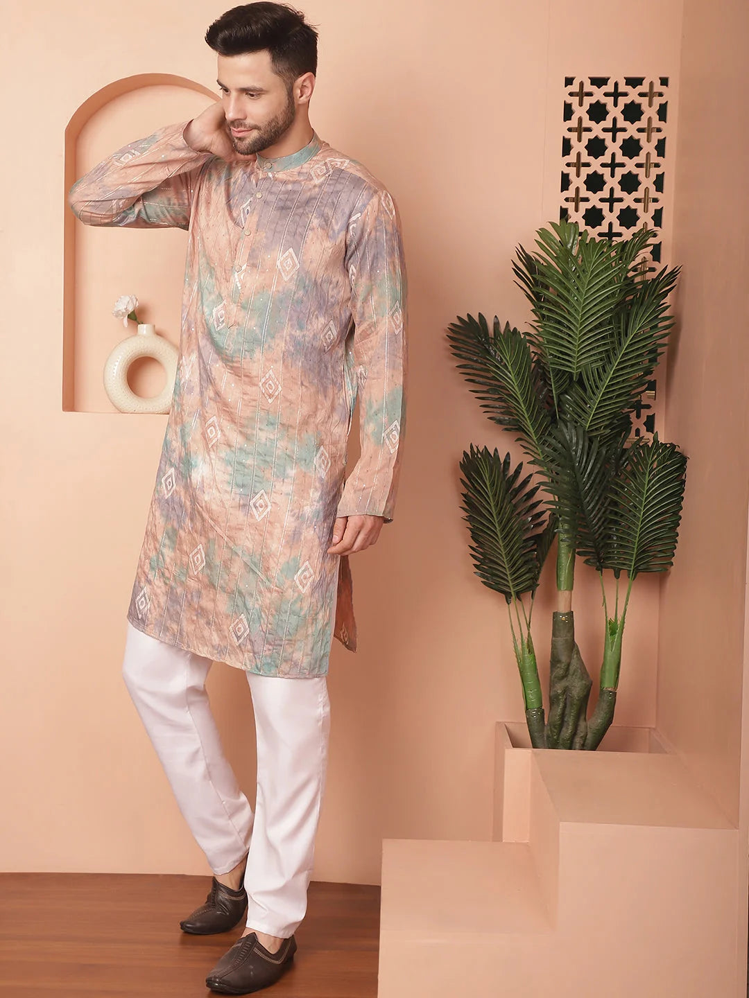 Multi Tei-Dye Printed Mens Kurta Pajama Set | Ethnic Outfit