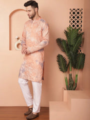 Men's Peach Tei-Dye Printed Kurta Pyjama Set-JOKP-P
