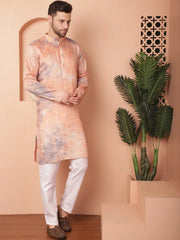 Men's Peach Tei-Dye Printed Kurta Pyjama Set-JOKP-P
