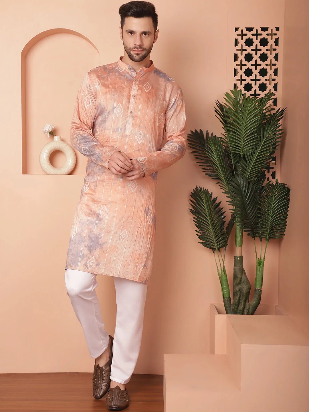 Peach Tei-Dye Printed Mens Kurta Pajama Set | Ethnic Fashion