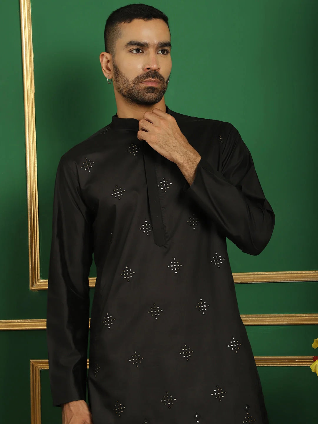 Black Embroidered Cotton Kurta Pajama Set for Men | Shop Now