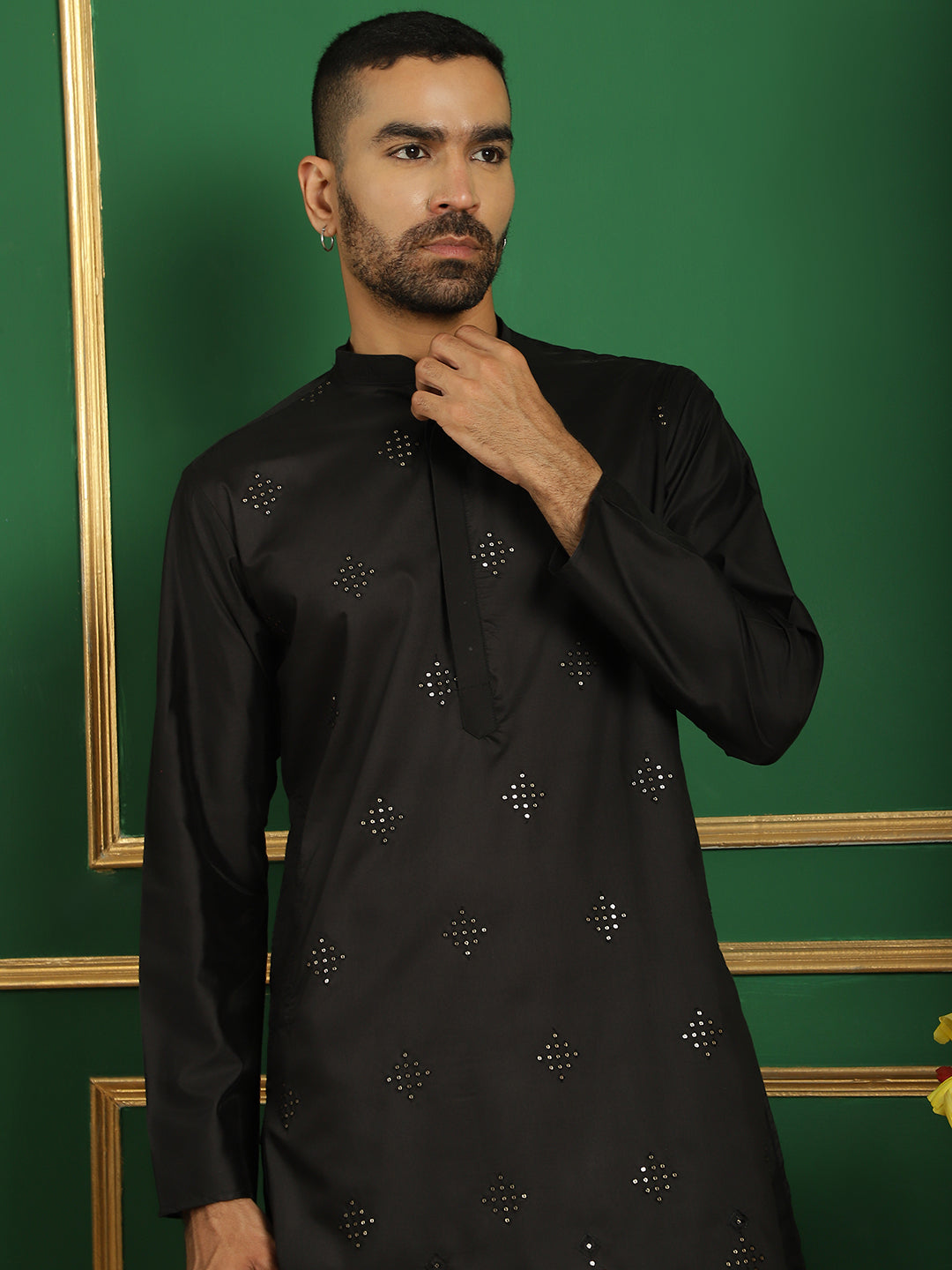 Black Embroidered Cotton Kurta Pajama Set for Men | Shop Now