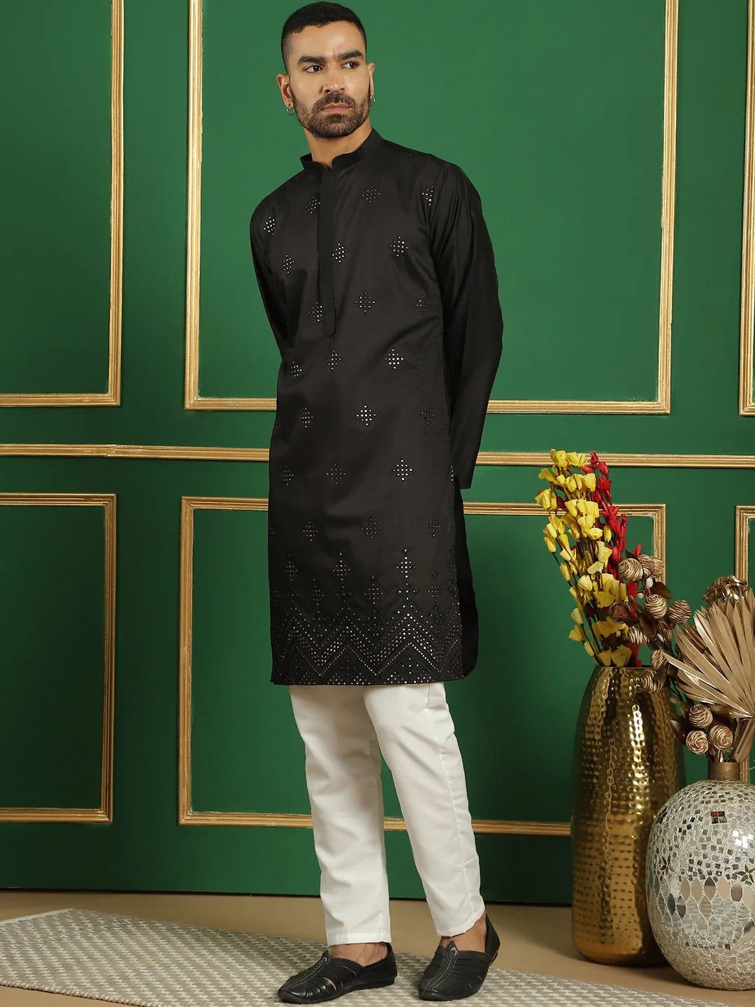 Black Embroidered Cotton Kurta Pajama Set for Men | Shop Now